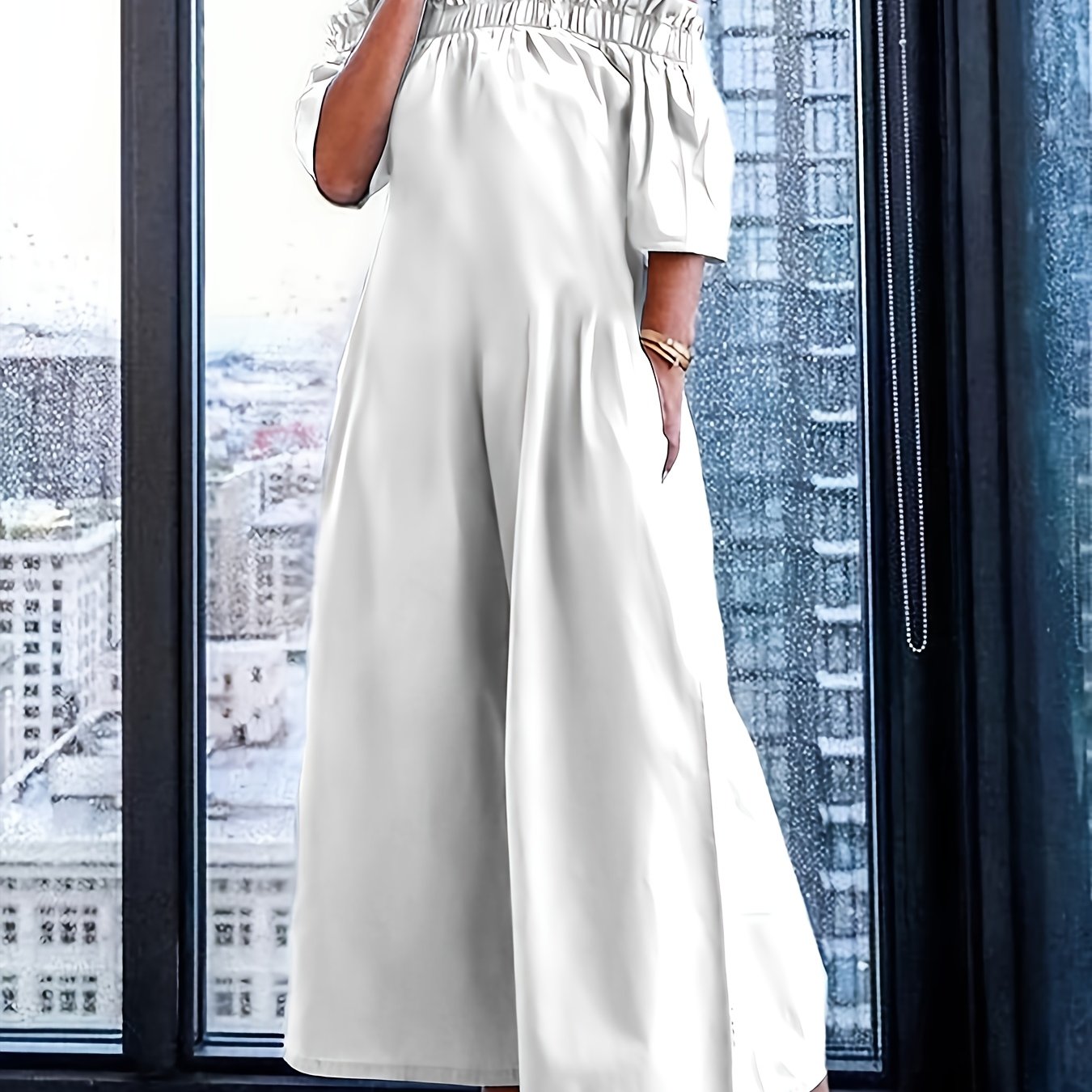 Off-The-Shoulder - Women'S Elegant Slit Jumpsuit - Pleated Solid Color - Loose Short Sleeves - Stretch Jumpsuit