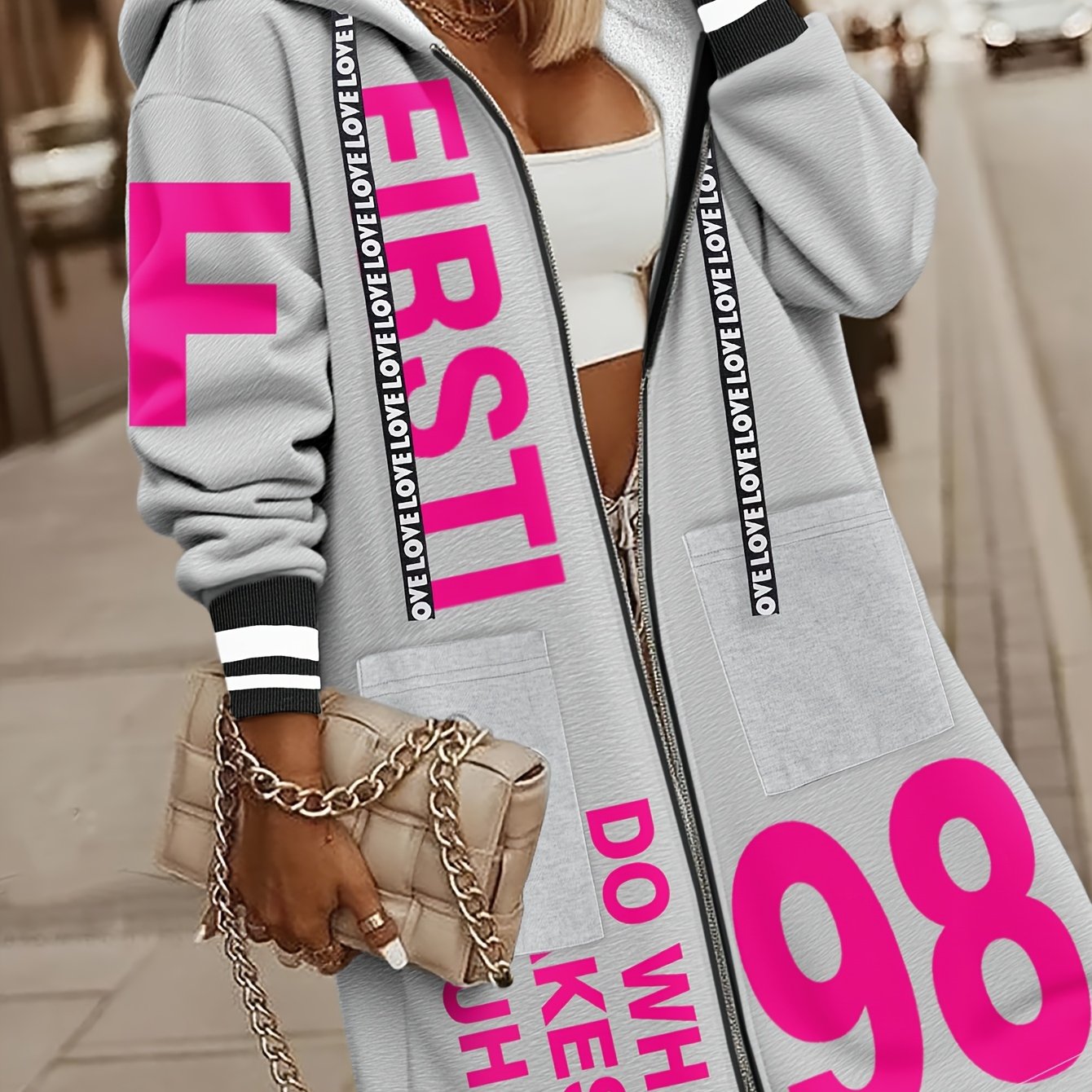Women's Winter Hooded Jacket with 'LOVE' Lettering & -1 Zippered Coat, Striped Cuff & Pocket Design, Casual Warm Outerwear for Fall/Winter, (Machine Washable) - Everyday Outer Layer, Sweater-like Blazer Style