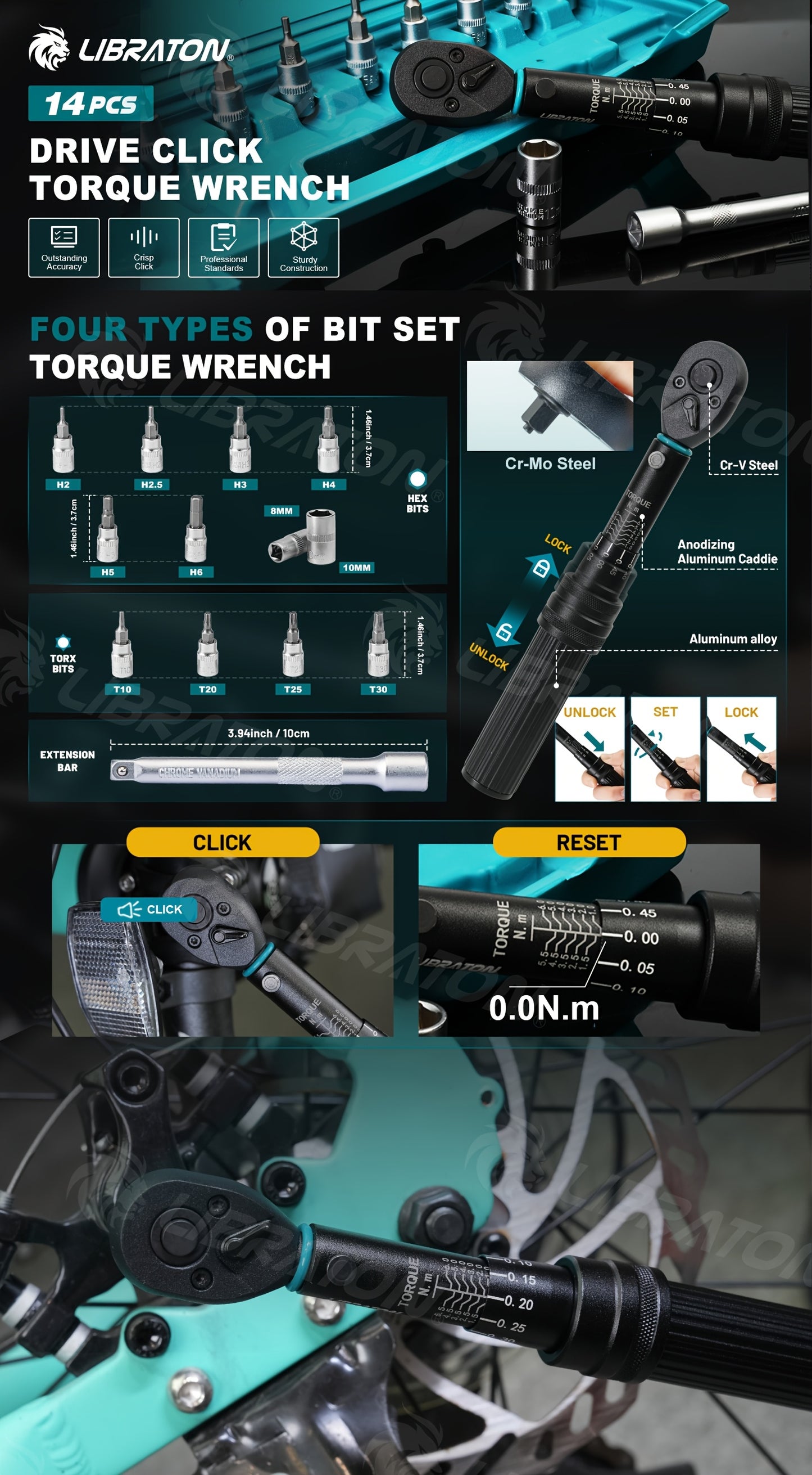 LIBRATON 1/4'' Torque Wrench Set, 1-6Nm Suitable for Bike, 0.05Nm Micro Drive Click Torque Wrench Set, Bicycle Maintenance Kit with Hex, Torx/Star Bit Sockets, Extension Bar Kit, Gift for Boyfriend, Dad, for Man