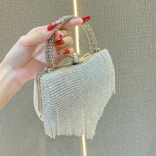 Women's Elegant Rhinestone-Adorned Evening Handbag with Detachable Crossbody Strap & Closure - Sparkling -Encased Design, Tassel Detailing, Durable Luxury Party Wedding Bag for Daily Use, Prom, Galas - Multi-Color Options (Bl