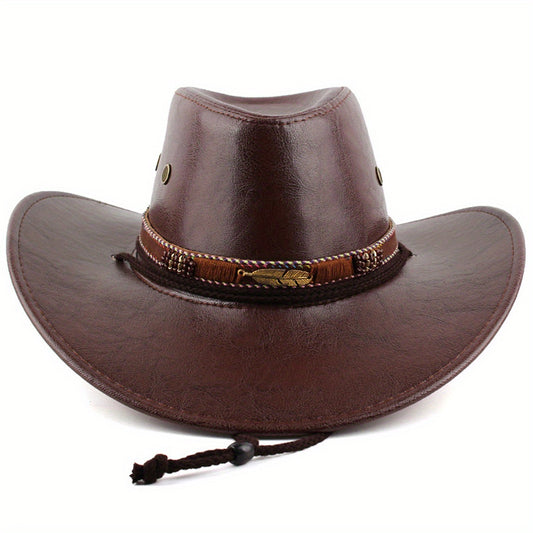Women Men Western Hat Faux Leather Wide Brim Cowgirl Cap Sun Protection Hat for Outdoor Party