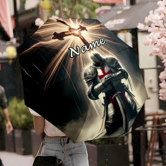 Personalized Medieval Knight Templar Umbrella - Name/Text, Automatic Open/Close, Heavy-Duty 8-Rib Windproof Design, Medieval-Themed Gift for History Buffs, Knights, Birthday or Christmas Present - Portable Travel Umbrella for