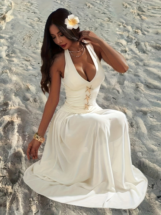 Women's Floor-Length White Sleeveless A-Line Maxi Dress with & A-Line Hem - Floor-Length Beach Dress with Layered Hem & Beltless Design, Machine Washable - Elegant Floor-Length Party Wedding Guest Dress, Structured Fit for Wo