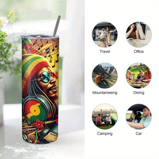1pc 20oz/591ml Stainless Steel Tumbler - Insulated Travel Mug with Leakproof Lid, Reggae-Themed Design w/ Rastafarian Flag Colors, Tropical Palm Trees & Vinyl Records - Rust-Resistant, Detachable Cover for Hot/Cold Drinks - C