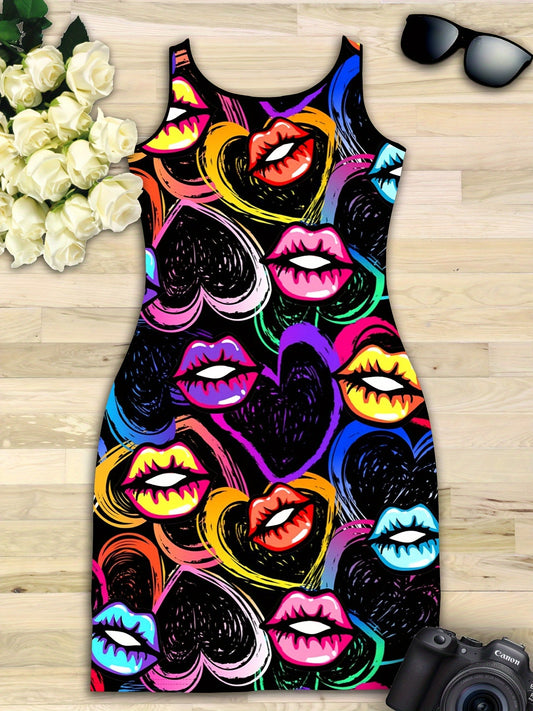 Suitable for Summer, Lip Heart Sweet Whisper: Graffiti Style Tight Dress, Charming Versatile Tight Dress, Machine Washable