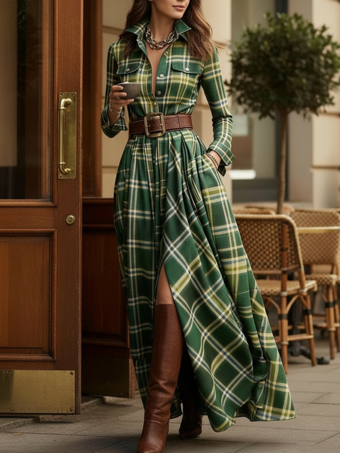 Dark Green Checkered Waist-Defining Shirt Dress for Women | Vintage British Casual Style, Suitable for Everyday Outings, Light Social Occasions, and Spring/Fall Seasons
