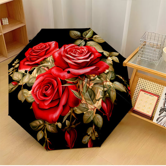 Automatic Open/Close Umbrella with One-Touch Button - Burgundy Rose & Black Automatic Folding/Unfolding Umbrella for Men & Women, 8-Rib Windproof Compact Travel Umbrella with Red/Golden/Green Floral Design, Portable for Commu