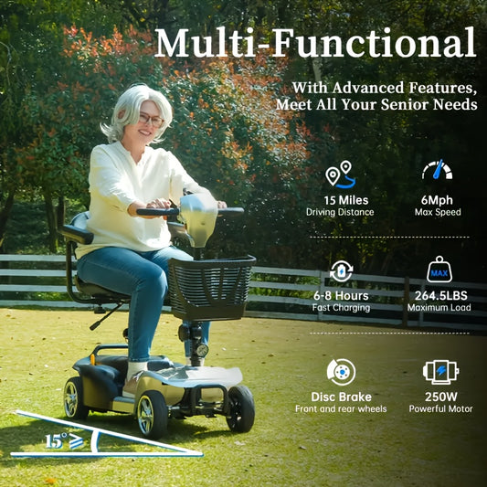 Adult And Mobility Scooter: 250W Four-wheel Foldable Scooter with A Speed Of 6 Mph, 24V 13Ah A Range Of 15 Miles, A 360° Swivel Seat, A Removable Shopping Basket And LED Headlights.
