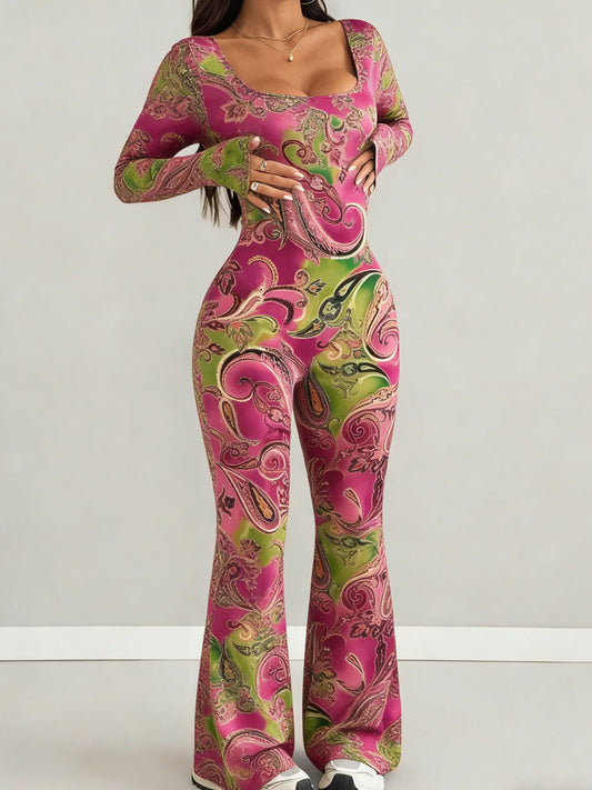 Women's Jumpsuit Set, Casual Fashionable Sexy, Loose U-Neck Cut, Slim Fit, Pink Green Paisley Print, Long Sleeve Flared Leg, Versatile Use, Suitable for Multiple Occasions & Seasons, Ideal for Outdoor, Comfortable Fit