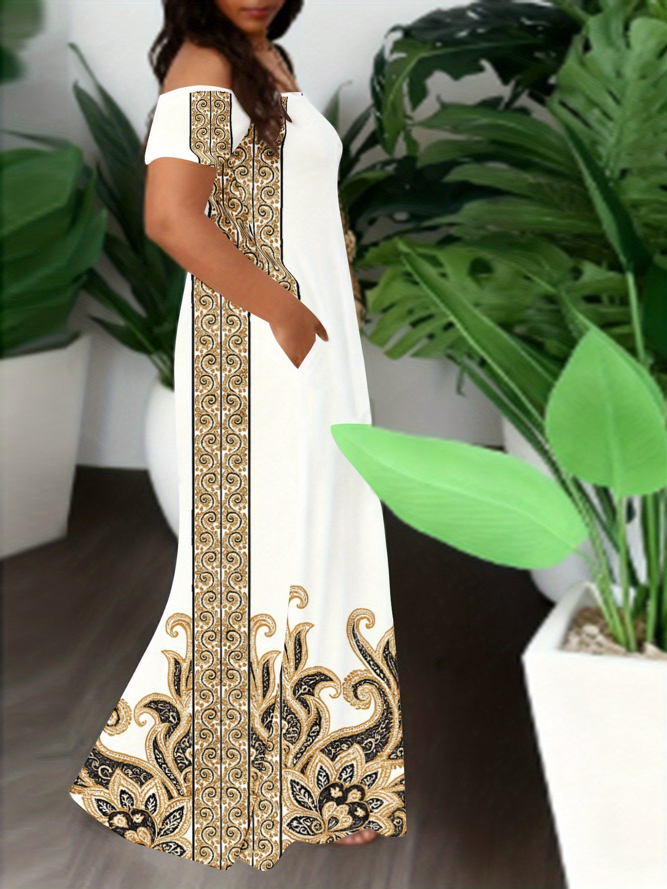 Plus Size, Women's Elegant Off-Shoulder/One-Shoulder Maxi Dress with White Golden & Black Floral Print - Mermaid Top & Flowy Maxi Wedding Guest Gown, Prom Dress, Beach Party Outfit - Machine Washable Year-Round Dress