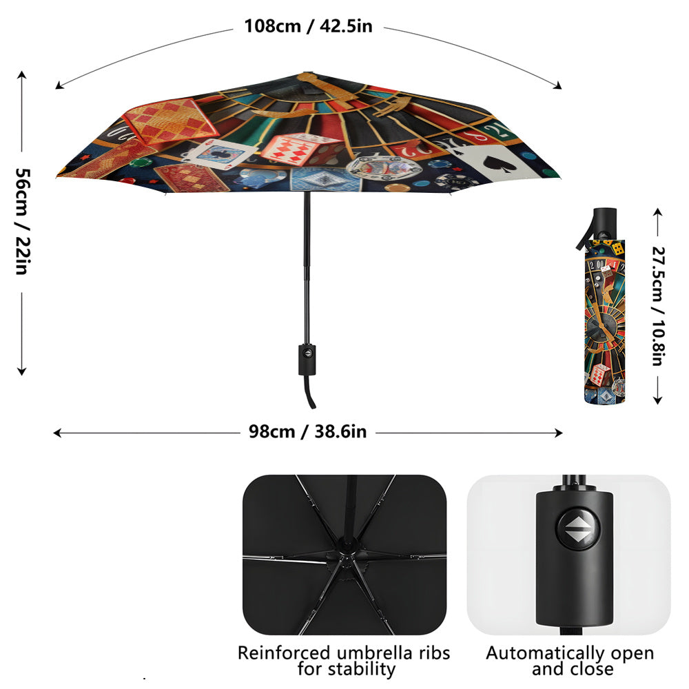 -Themed Poker & Roulette Umbrella with Poker & Card Symbols - Open/Close, 8-Rib Durable Frame, Portable Folding Umbrella for Poker Nights, Parties, Travel - Poker Chip Design Accessory Gift for Men &