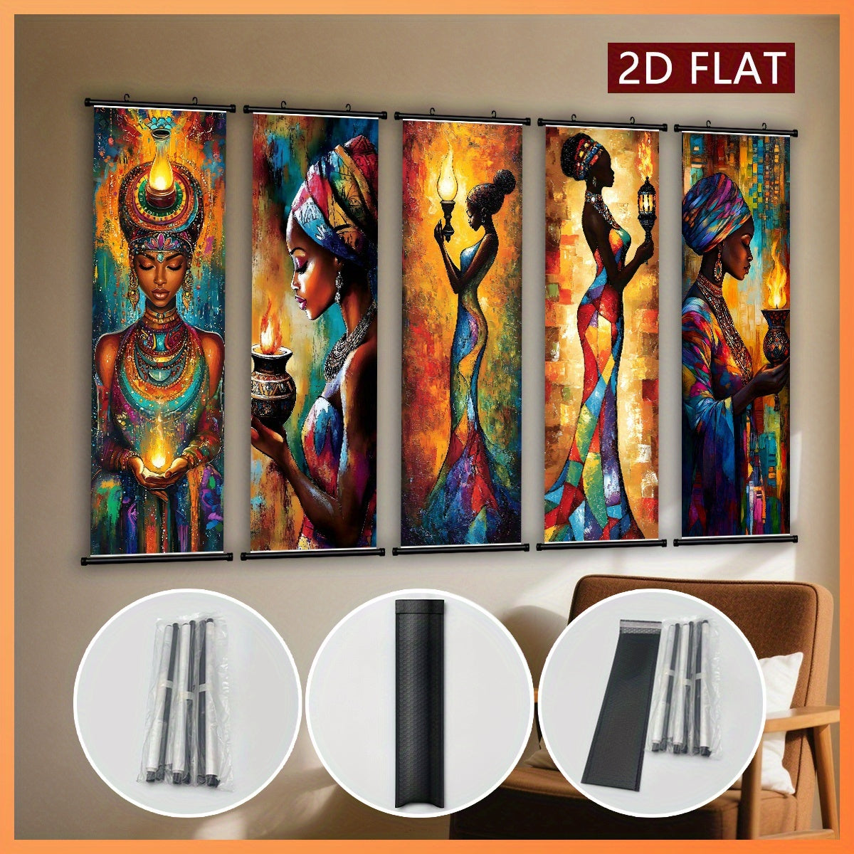 Positive And Lively Style 2D/Flat-5pcs Set of Decorative Canvas Paintings with African Tribal Features, with Plastic Frame Hooks, Easy to Hang, Suitable for Corridor And Living Room Wall Decoration, Art Works, Home Gifts, 2D