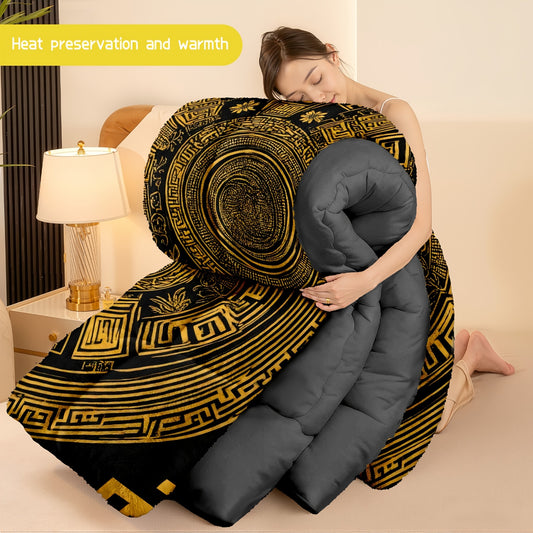 3pcs (1 comforter + 2 pillowcases) Golden Pattern Flannel & Milk Velvet Comforter Set, Soft Warm Bedding Set for Adults, Cozy Milk Velvet Quilt Set, Trendy Bedding Essentials, Bedroom Essentials, Modern Quilt Set, Stylish Bed