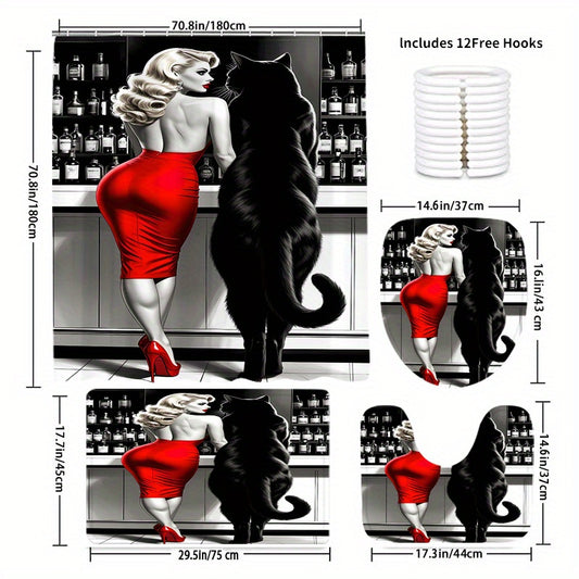 1/4pcs Beauty with Black Cat Pattern Shower Curtain Or Four-Piece Set (Including Shower Curtain, Non-Slip Mat, U-Shaped Mat And Toilet Mat) Is a Perfect Choice, a Great Gift, The Whole Set of Shower Supplies Comes with 12 Hoo