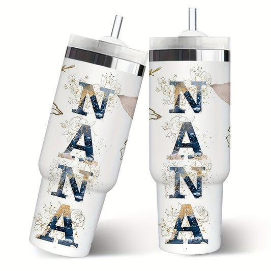 1pc 30oz Floral NANA Stainless Steel Insulated Tumbler with Lid & Straw, Double-Wall Vacuum Insulated Cup for Hot & Cold Drinks, Perfect for Outdoor Travel, Birthday & Holiday Gifts, Travel Drinkware | Floral Pattern Tumbler