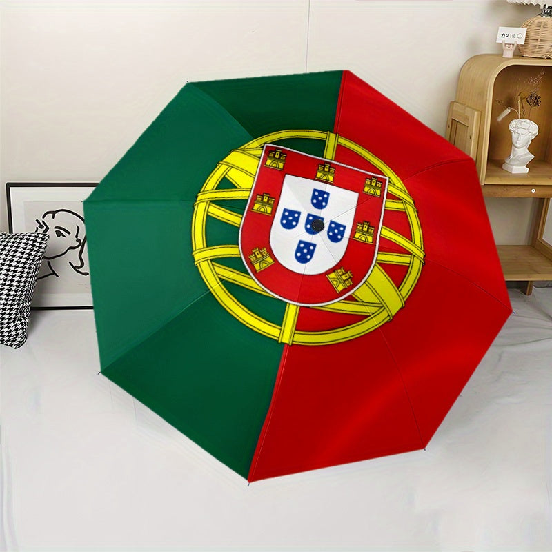 Modern Portuguese Flag Design Automatic Folding Umbrella - Durable Windproof Portable Travel Umbrella with 8 Ribs, 210T Pongee Fabric, Ideal for Holiday Gifts, Black & Red with Yellow & Blue Accents, Travel Umbrella, Gift Ite