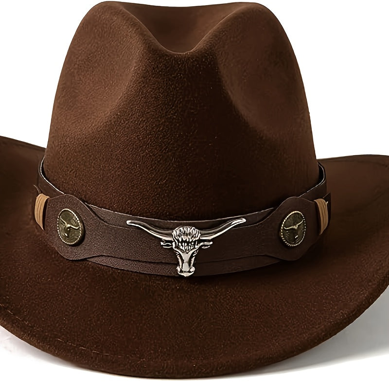 Western Cowboy Hat with Bull Skull Emblem - Wide Brim Tweed Polyester, Brown & Tan, Hand Wash Only for Weddings, Parties, Halloween, Christmas, Thanksgiving, New Year's Eve, Cowboy Accessories, Festive Headwear, Rustic Style,