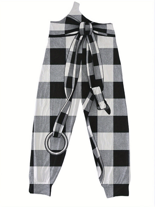 Plunging Neck Jumpsuit Black White Plaid Pattern Casual Outfit for Women