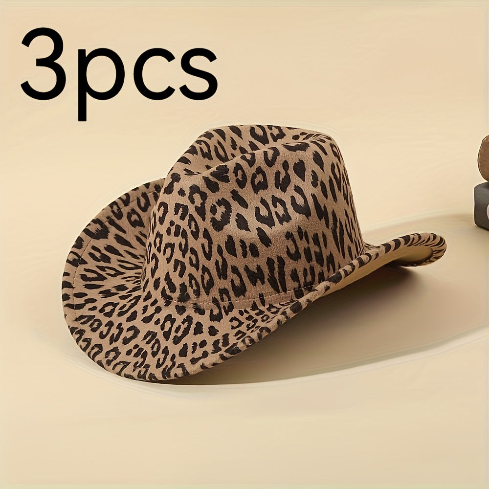 1/2/3pcs Western Cowboy Hats for Men & Women - Classic Minimalist Leopard Print Wide-Brim Cowboy Hats