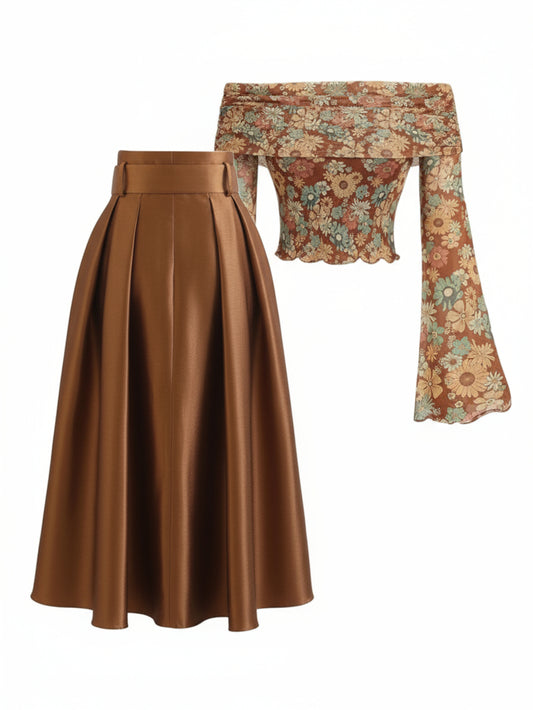 2pcs Set: Vintage Floral Off-Shoulder Bell-Sleeve Top + Brown High-Waisted A-Line Skirt | Fall/Winter Outfits - Perfect for Dates, Afternoon Tea - Women'S Retro-chic Design