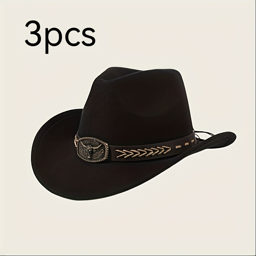 3pcs Unisex Western Cowboy Hats - Wide Brim Sun Protection, Metal Bull Head Buckle & Braided Faux Belt, Vintage Style for Outdoor Riding, Hiking, Rodeo (Black/Brown/White) | Classic Cowboy Style | Faux Fabric