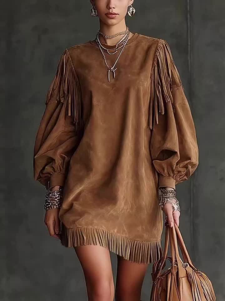 American Vintage Fashion Fringe Women's Mini Dress with Round Neck, Lantern Sleeves, and Fringe Hem for Party, Casual, Autumn Street Style, Elegant Special Edition