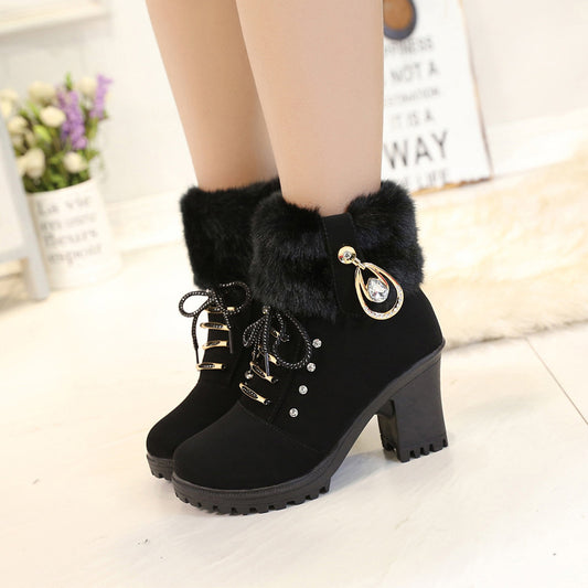Women's Winter Snow Boots with Chunky Low Heel & Side Zipper - Ultra-High Short Ankle Boots, Toe for cold Weather, Sole - Slip-On/Lookdown Style (Solid Color) - Casual & Dress Boots for //Outdoors - Easy Care Non-Washable