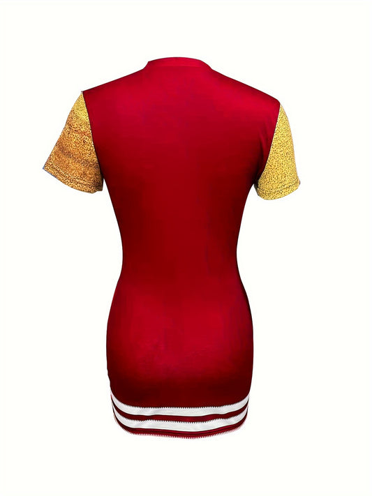 Elegant Directional Women'S Fashion Short-Sleeve Printed Fitted Dress with a Round Neck.