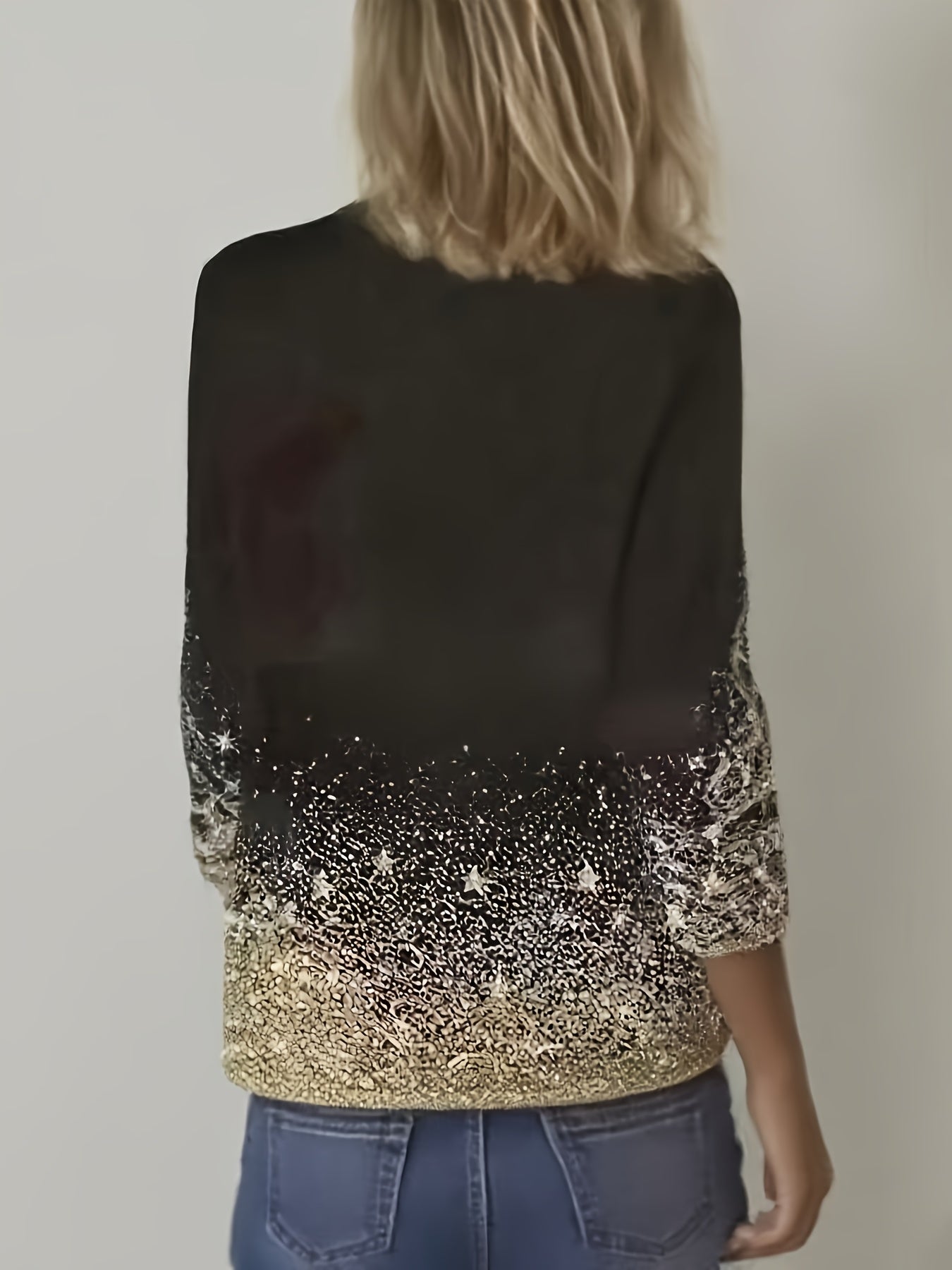 Women's Plus Size Elegant Black & Golden Christmas Tree Print T-Shirt - Sparkling Golden Sequin-like Long Sleeve Blouse, Soft Stretchy Round Neck Top for Holiday Party Outfits, New Year's Eve, Prom & Casual Wear (Machine Wash
