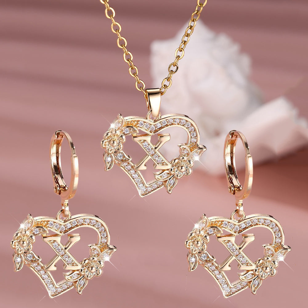 3pcs Women's Initial Jewelry Set - Heart-Shaped Interlocking Link Necklace & Earrings with 26-Letter Monogram, Elegant Golden-Tone -Accented Letters, Dainty Everyday Gift for Mother's Day, Graduation, Birthdays (Pink & Clear