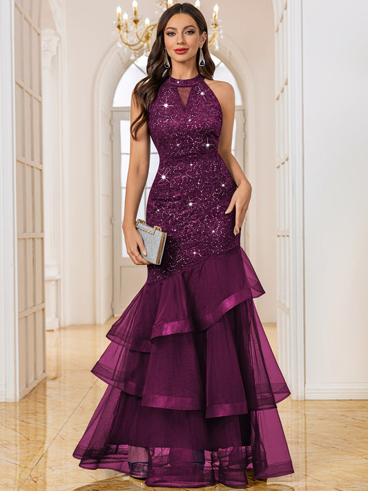 24483A Women's Elegant Halter Neck Sleeveless Sequin Lace Mesh Layered Ruffle Trim A-Line Fitted Wedding Party Bridesmaid Dress Evening Gown Maxi Dress