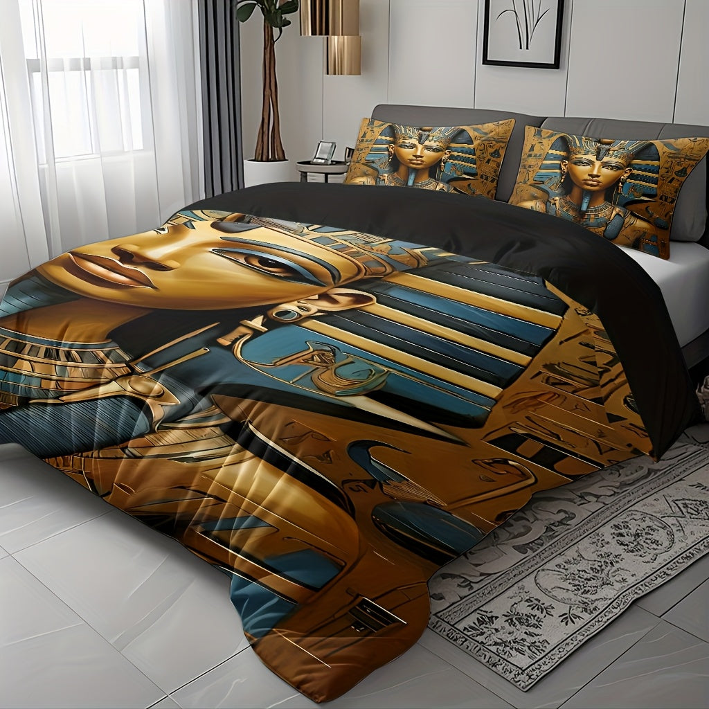 Pharaoh Theme Duvet Cover Set - Soft High-Definition Digital Print, Egyptian Style Golden And Blue, All-Season, Soft Breathable 100% Polyester, Perfect Gift For Family And Friends, Machine Washable, Includes 1 Duvet Cover + 2