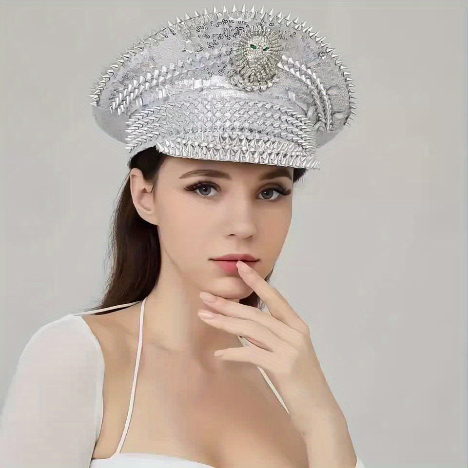 Steampunk Rhinestone Captain Hat with Shiny Lion Emblem - Sparkling Military Party Hat for Raves, Burning Man Music Festivals, and Carnivals - Glitter Silver Costume Accessories for Women and Men, Polyester Material, Carnival
