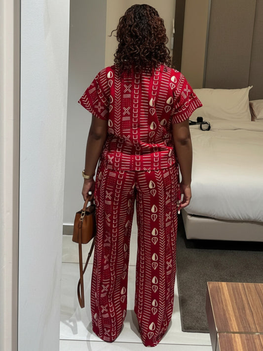 2pcs Set Geometric Print Short-Sleeve Fitted Top And High-Waist Wide-Leg Pants | Women'S Vintage Ethnic-Style Design, Suitable for Daily Autumn And Winter Commuting, Casual Luxury Gatherings, And Trendy Streetwear