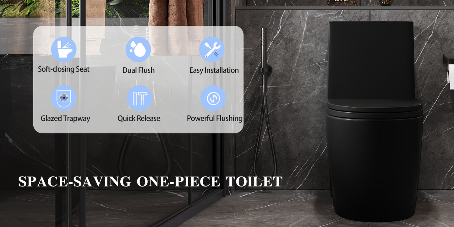 1.1/1.60 GPF Dual-Flush Toilet, Water-Saving Elongated Comfort Height Floor Mounted, Soft Close Seat, 2.2 LB Map Flushing Score Toilet, Matte Black