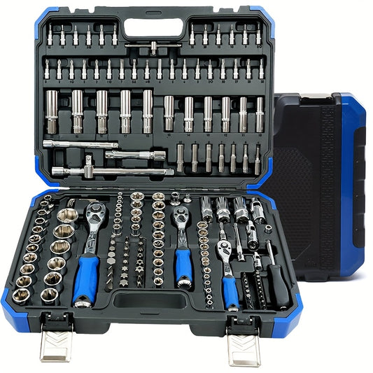 170+2/53+1pc Professional Car Repair Tool Set, Ratchet Wrench And Durable Toolbox, 1/2 * 1/4 "3/8" Drive Depth And Standard Socket, Suitable For Car Repair, Home And Projects, Worry Free Operation For Men And Women, Christmas
