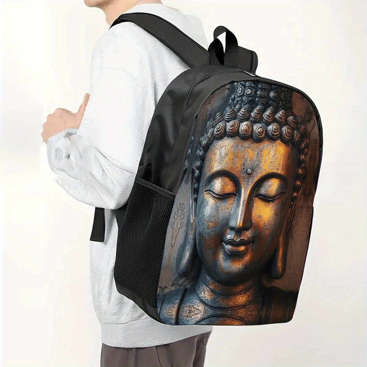 1pc Buddha Print 17 Inch Casual Backpack - Lightweight Durable Laptop Bag with Water Bottle Holder, Adjustable Straps & Vibrant Cartoon Design for School, Work, Travel - Unisex Gift for Christmas, Father’s Day, Thanksgiving