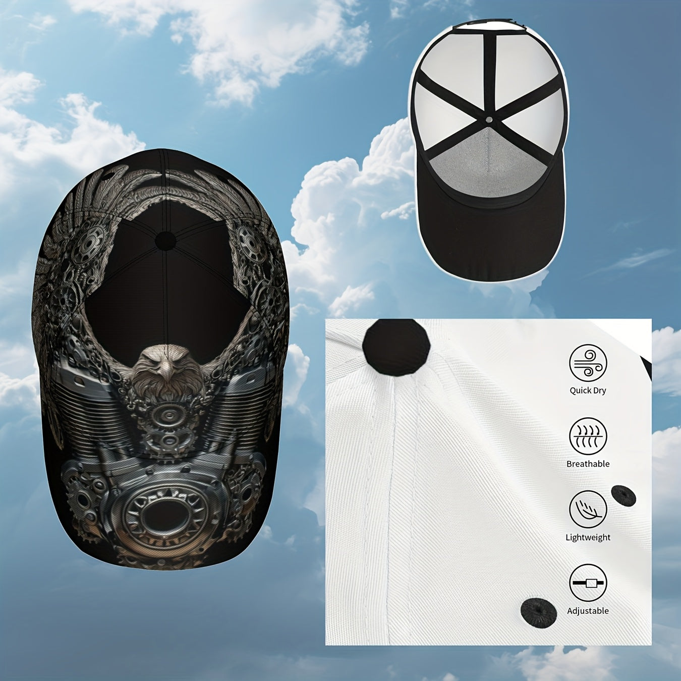 1pc Men's & Women's Mechanical Eagle Print Baseball Cap with Motorcycle/Gear Design - Adjustable Snapback, Foldable Lightweight Polyester Hat, All-Season Outdoor Sports Accessory, Durable Full-Body Motorcycle-Inspired Headwea