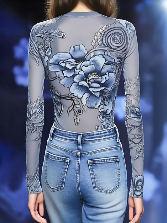 Women'S Elegant Semi-Sheer Floral Print Long Sleeve Blouse - Slim Fit H-Line Silhouette with Round Neck, Semi-Sheer Peony & Rose Pattern, High-Stretch Fabric, All-Season Versatile Casual to Formal Tops, Easy Care & Wrinkle-Re