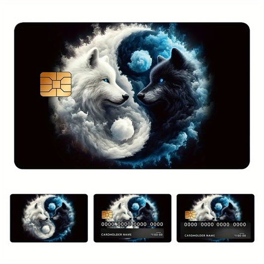 4 Unique Black & White Yin Yang Wolf Design PVC Privacy Stickers - Durable Matte Credit Card Decals with Concealed Pinholes, One-Time Use for Debit Cards, Keycards, Party & Everyday Protection - Ideal Gift for Card Security &