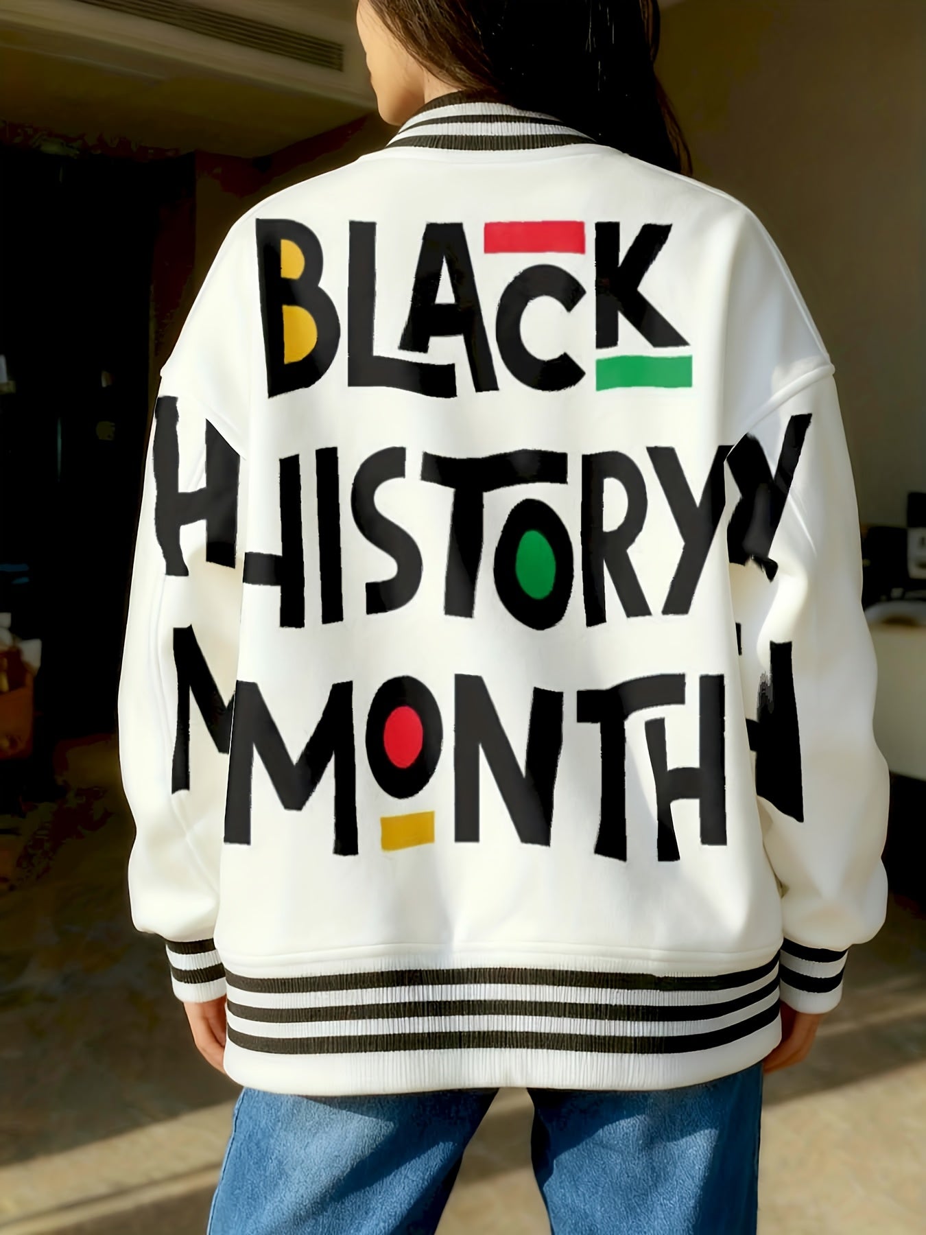 Women Baseball Jacket Black History Month Print | Full Print Streetwear Casual Outfit Fashion Statement Coat for Daily Wear and Events, Crew Neck, Regular Sleeve, Geometric-pattern, Slight Stretch Fabric
