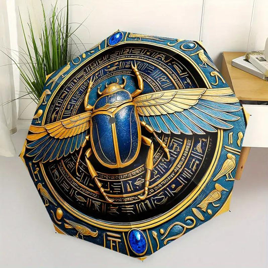 Automatic Open/Close Egyptian Hieroglyphics & Scarab Beetle Umbrella - Navy Blue & Golden Ancient Egyptian Design, 8-Rib Sturdy Frame, Compact Travel Umbrella with Automatic, Portable Rain Cover, Ideal Gift For History Lovers