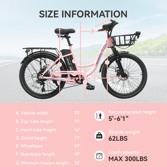 Cruiser Electric Bike For Women, 500W Motor 36V/10.4Ah Removable Battery, 25-40 Miles 20MPH, 24 Inch Electric Bike High-Carbon Steel Frame, 7-Speed With Front Basket -Beach Commuter Ebike For Adults, Ebike With Basket, Sakura
