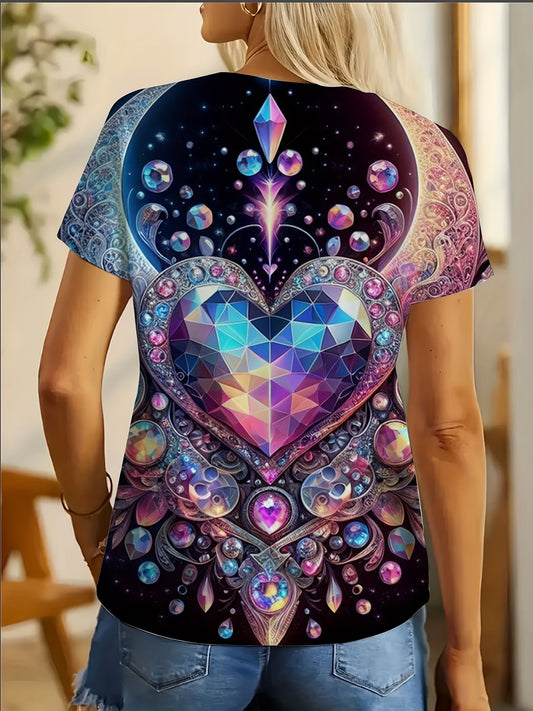 Stylish Plus Size Color Heart Print Tee - Women'S Plus Size Casual Crew Neck Short Sleeve T-Shirt For Everyday Wear - Soft, Breathable, And Comfortable