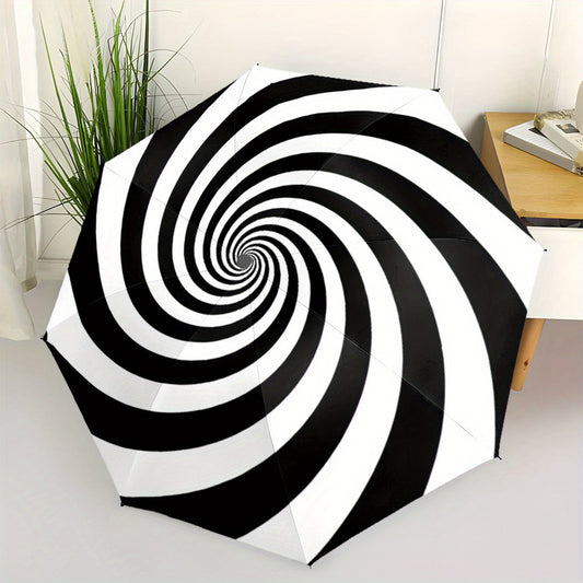 Automatic Folding Umbrella with Black & White Spiral Design - 8-Rib Automatic Open/Close, Portable Collapsible Compact Umbrella with Ergonomic Handle & Windproof Canopy for All-Season Use, Casual Outdoor Travel, Christmas/Bir