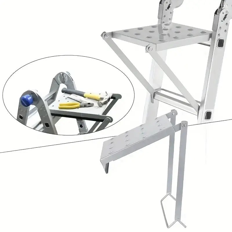 1 Heavy-Duty 400-Pound Load-Bearing Platform with Extendable Work Station System and Tool Tray, Silvery, Suitable for Large Ladders, Non-Slip Design
