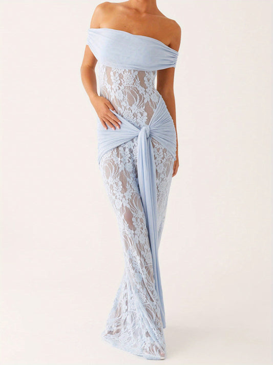 Elegant Off-Shoulder Lace Evening Gown for Women - Slim Fit, Short Sleeve, Knotted Strapless Design with Shoulder Detail, Solid Color Blue, Perfect for Summer Formal or Casual Events, Event Dress | Kneelength Dress | Polyeste