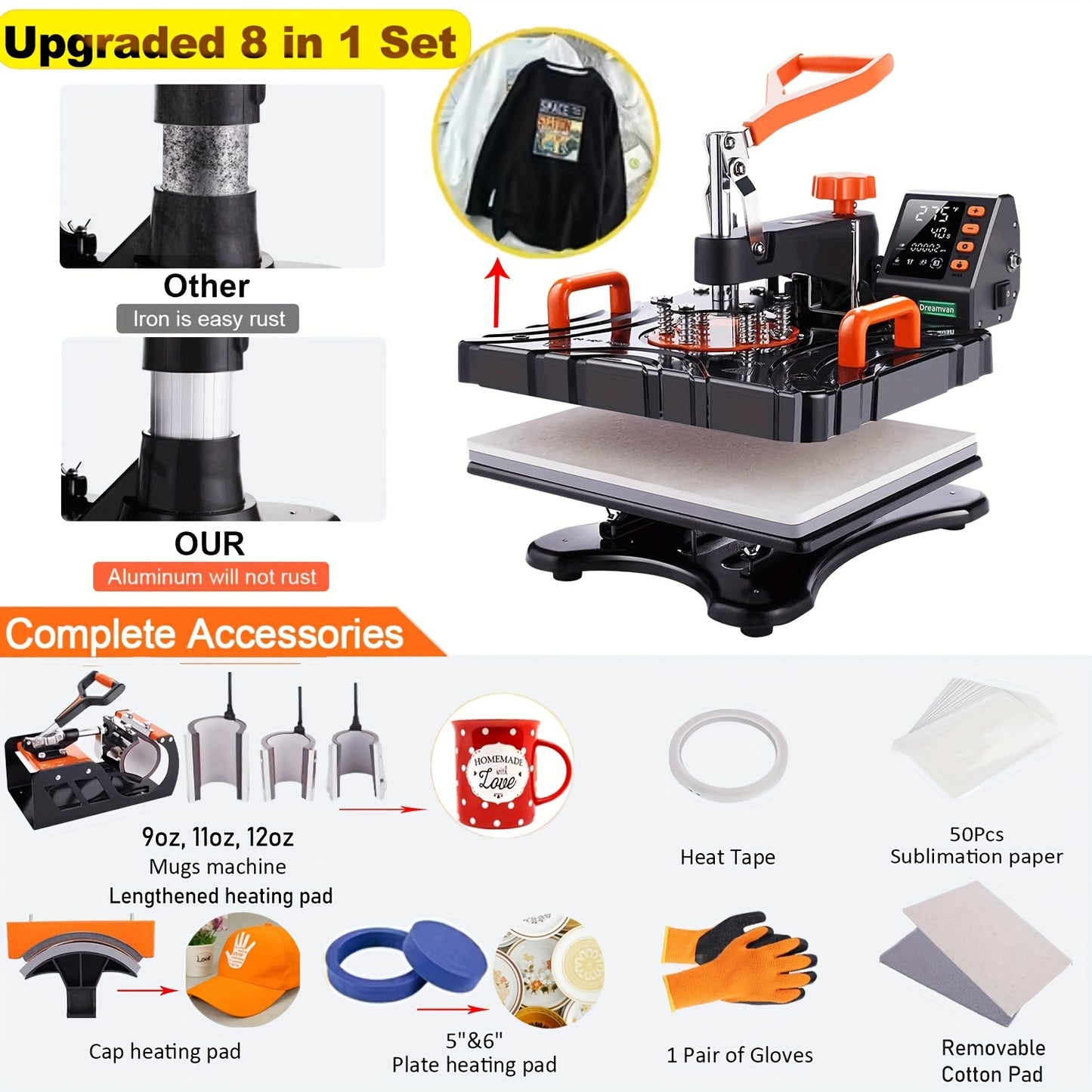 8in 1 Heat Press Machine Multifunctional, 15"x12" T Shirt Press Machine, 360° Rotation Shirt Press Machine Sublimation Heat Transfer for T Shirts Mug Hat Plate