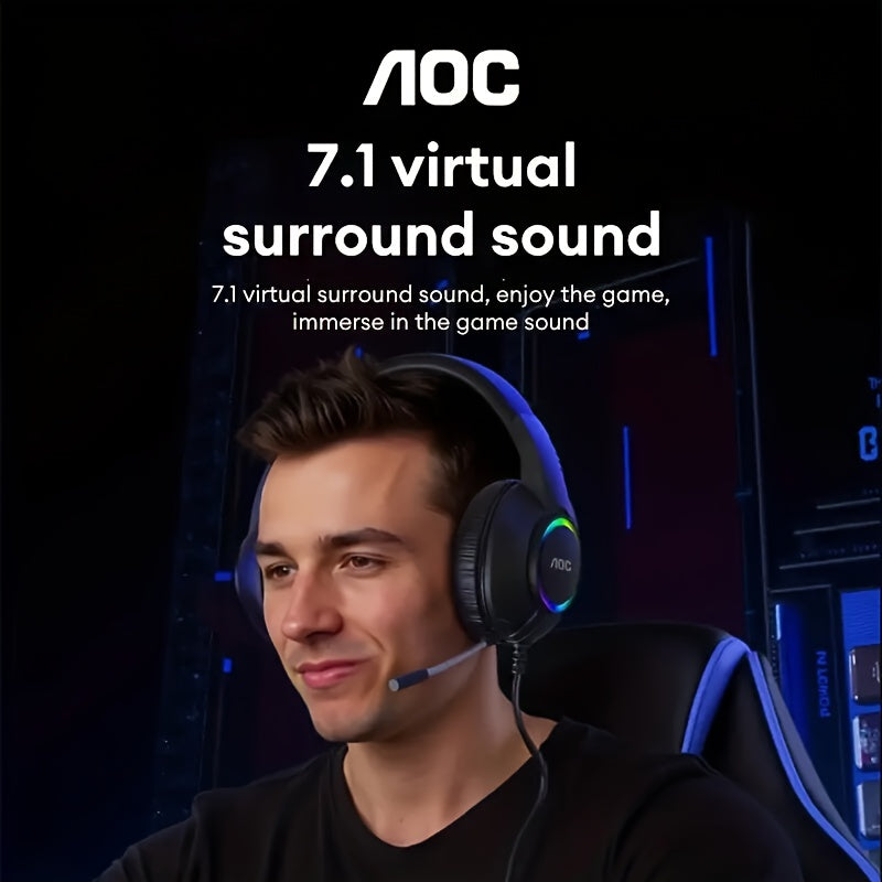 AOC Surround Bass Headphones with LED Lights, Jack, Volume Control, Condenser Mic, Tangle-Free Design, Compatible with PS5, PS4, Xbox One Controllers & Mobile Devices, Like Switch - Open-back Earcups, Black Plastic Material