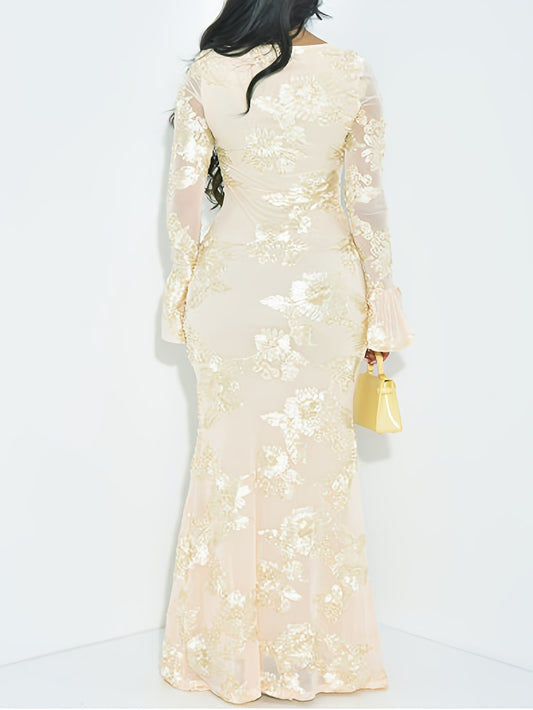 Women'S Elegant Floral Printed Long Dress | Round Neck, Flared Sleeves, Classic and Dignified, Suitable for Formal and Casual Events, Office, Weddings, Machine Washable, Long Length
